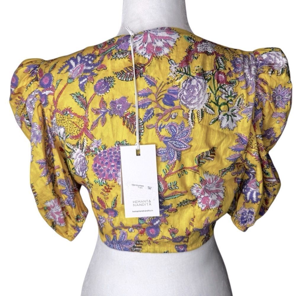 NWT HEMANT and NANDITA Dhea Crop Top Tie-Front Canary Yellow Boho Floral Medium - Picture 6 of 12